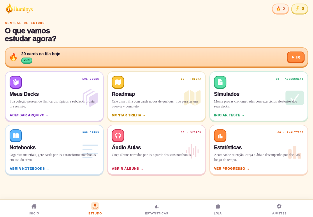 Central de Estudo no tema claro: fila do dia, minhas pastas, roadmap, simulados, fontes, áudio e estatísticas
